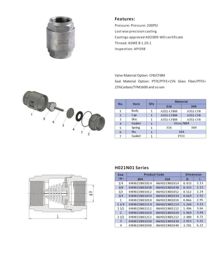 2pc 316 Stainless Steel Vertical Check Valve GWENDE