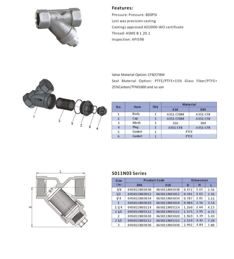 316 Stainless Steel Y Strainer Inline Spec Sheet (WYE Strainer) GWENDE 800 PSI